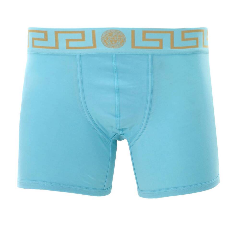 NEW VERSACE men's long trunk with greca border in light blue/gold